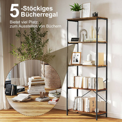 Bookshelf, 5-Tier, Metal Frame, Melamine, Brown