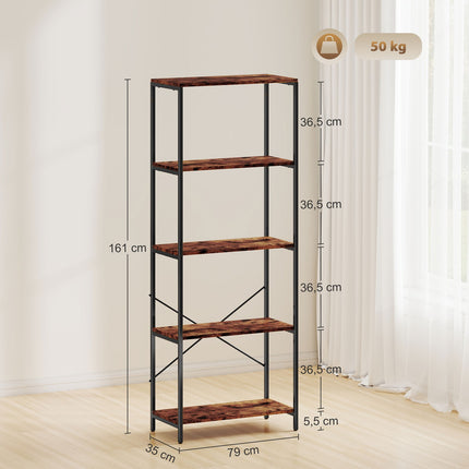Bookshelf, 5-Tier, Metal Frame, Melamine, Brown
