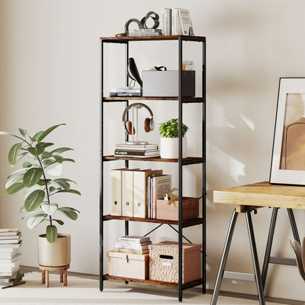 Bookshelf, 5-Tier, Metal Frame, Melamine, Brown