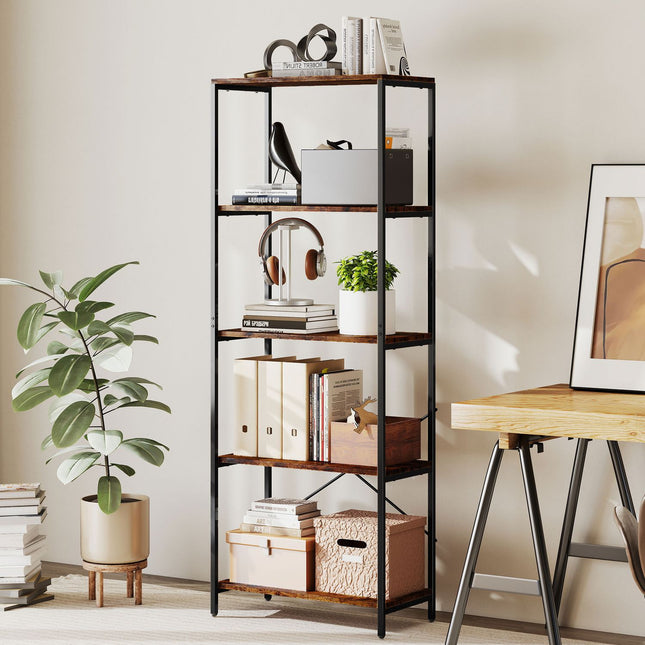 Bookshelf, 5-Tier, Metal Frame, Melamine, Brown