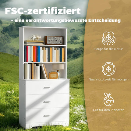 Boekenkast met 3 lades, 3 planken, wit, 79x39,5x180 cm