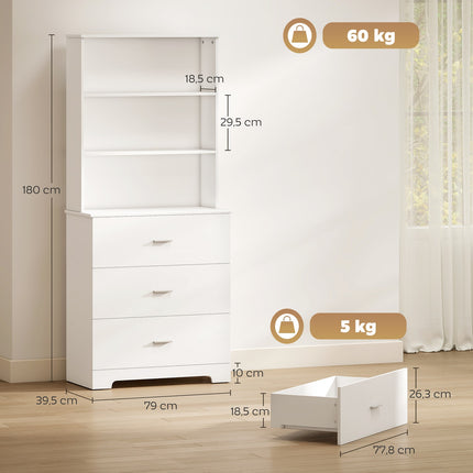 Boekenkast met 3 lades, 3 planken, wit, 79x39,5x180 cm