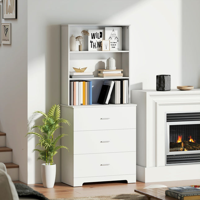 Bücherregal Schrank mit 3 Schubladen, 3 Ablagen, Weiß, 79x39,5x180 cm