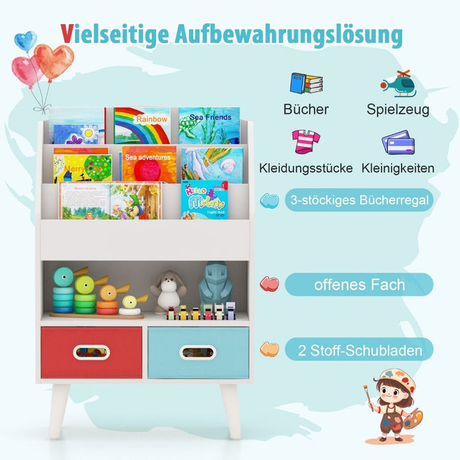 Bücherregal Kinderregal Kinderregal mit 3 Böden &amp; offenem Fach &amp; 2 Stoffschubladen weiß