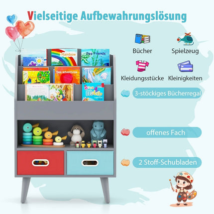 Bookshelf Children's Children's Shelf with 3 Shelves &amp; open compartment &amp; 2 gray fabric drawers