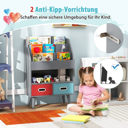 Bookshelf Children's Children's Shelf with 3 Shelves &amp; open compartment &amp; 2 gray fabric drawers