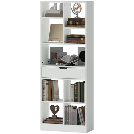 Weißes Bücherregal mit 9 Fächern, Schublade und Kippschutz