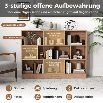 Bücherregal mit 10 Fächern, 3-stöckig, 140x24x104 cm