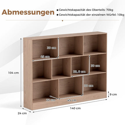 Bücherregal mit 10 Fächern, 3-stöckig, 140x24x104 cm