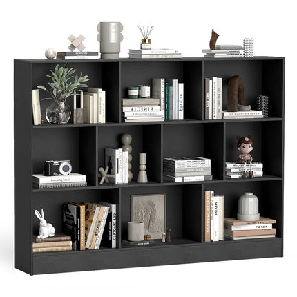 Bücherregal mit 10 Fächern, freistehend, 3 Ebenen, Schwarz