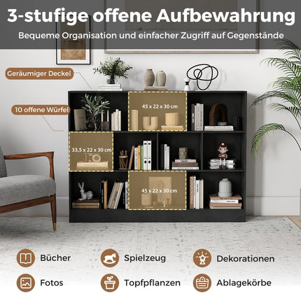 Bücherregal mit 10 Fächern, freistehend, 3 Ebenen, Schwarz