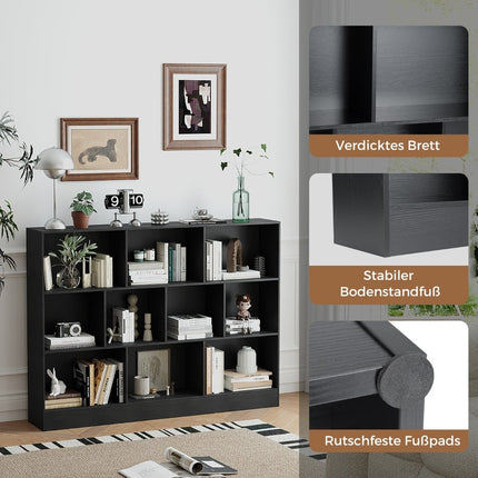 Bücherregal mit 10 Fächern, freistehend, 3 Ebenen, Schwarz