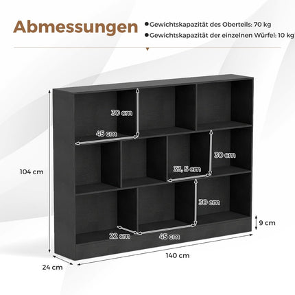 Bücherregal mit 10 Fächern, freistehend, 3 Ebenen, Schwarz