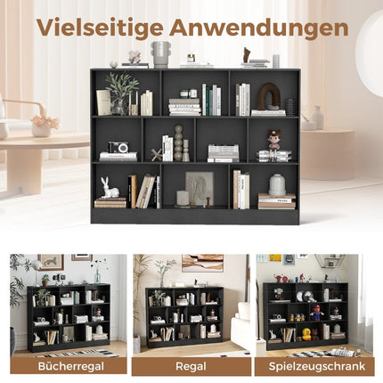 Bücherregal mit 10 Fächern, freistehend, 3 Ebenen, Schwarz