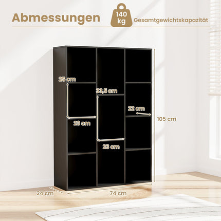 Bookshelf with 11 Compartments, Black, 74 x 24 x 106 cm