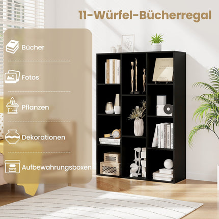 Bookshelf with 11 Compartments, Black, 74 x 24 x 106 cm