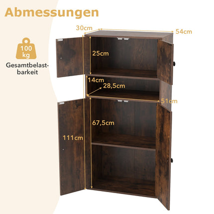 Bücherregal mit 4 Türen, verstellbarem Einlegeboden, 111 cm hoch