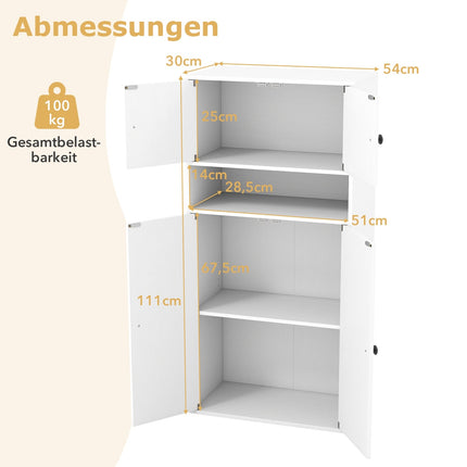 Bücherregal mit 4 Türen, verstellbarem Einlegeboden, Kippschutz, Weiß