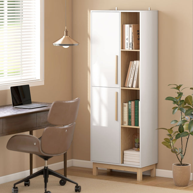 Bücherregal mit 4 Ablagen und 2 Schränken, MDF, Weiß, 176 cm