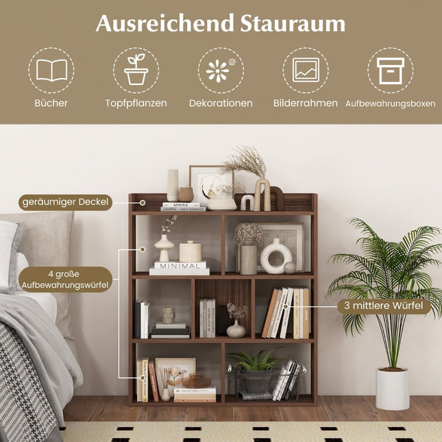Bücherregal mit 7 Fächern, offene Rückseite, Walnuss-Optik, 80x20x90 cm