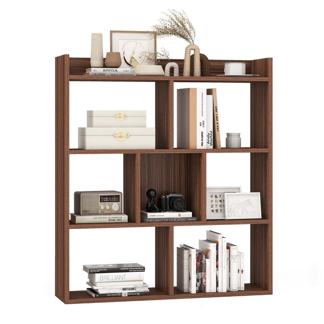 Bücherregal mit 7 Fächern, offene Rückseite, Walnuss-Optik, 80x20x90 cm