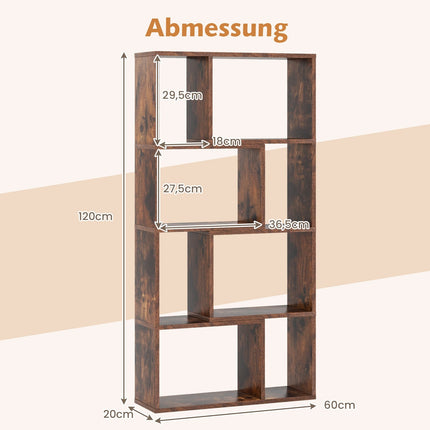 Bookshelf with 8 Cubes, 4-Tier, 60x20x120 cm, Brown