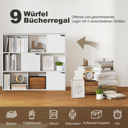 Bücherregal mit 9 Fächern, 3 Türen, 6 offenen Ablagen, Weiß