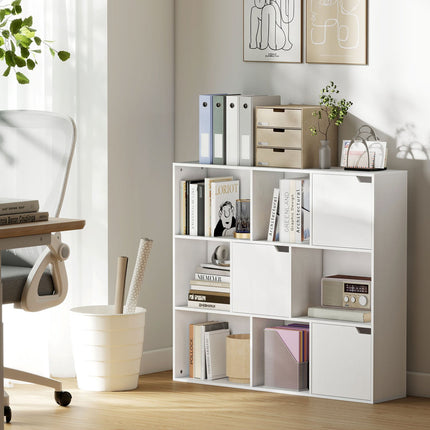 Bücherregal mit 9 Fächern, 3 Türen, 6 offenen Ablagen, Weiß