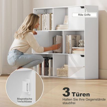 Bücherregal mit 9 Fächern, 3 Türen, 6 offenen Ablagen, Weiß