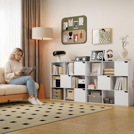 Bücherregal mit 9 Fächern, 3 Türen, 6 offenen Ablagen, Weiß