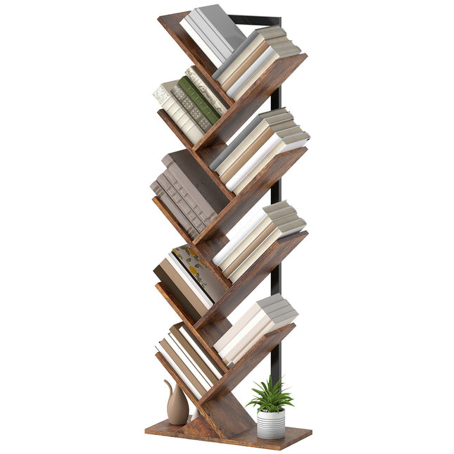 Bücherregal mit 9 Ebenen, Baumdesign, Rustikales Braun