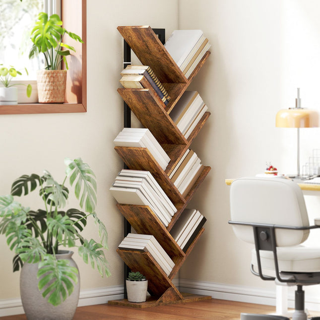 Bücherregal mit 9 Ebenen, Baumdesign, Rustikales Braun