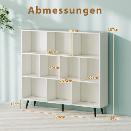 Bookshelf with Compartments, 3-Tier, Wood Legs, 120 cm