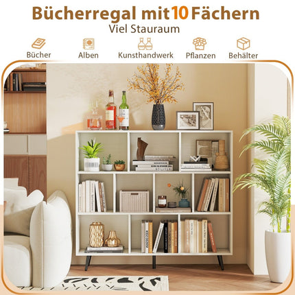 Bookshelf with Compartments, 3-Tier, Wood Legs, 120 cm