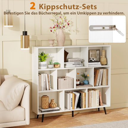 Bookshelf with Compartments, 3-Tier, Wood Legs, 120 cm