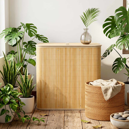 Bottle Deposit Collector with Lid 150 L, 2 Compartments, Bamboo, Natural, Beige