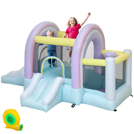 Springkasteel met blazer, glijbaan, sprong, basketbalring Opblaasbaar springkasteel met draagtas voor binnen buiten voor kinderen van 3-8 jaar, 340 x 220 x 180 cm | Aosoom