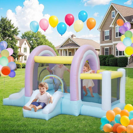 Springkasteel met blazer, glijbaan, sprong, basketbalring Opblaasbaar springkasteel met draagtas voor binnen buiten voor kinderen van 3-8 jaar, 340 x 220 x 180 cm | Aosoom