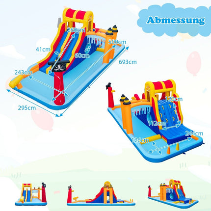 Hüpfburg mit zwei Rutschen, Kletterwand, Kriechgang, Wasserkanone &amp; Planschbecken 693 x 295 x 263 cm