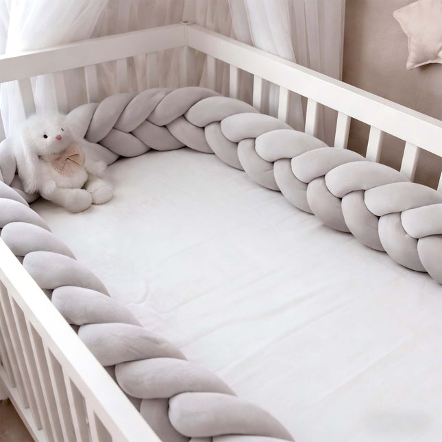 Geflochtene Kinderbettumrandung, 220 cm – Grau, Weiches Knoten-Kissen