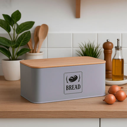 Bread Bin with Bamboo Lid – Retro Design, Metal Casing