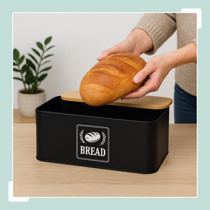 Bread Bin with Bamboo Lid – Retro Design, Metal Casing