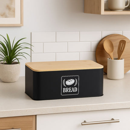 Chlebník s bambusovým víkem – retro design, kovový plášť