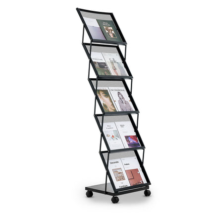 Brochure Display Rack, 5-Tier Foldable Metal, Wheels