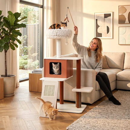 Brown Cat Tree Tower with Scratching Post & Groomer Brush