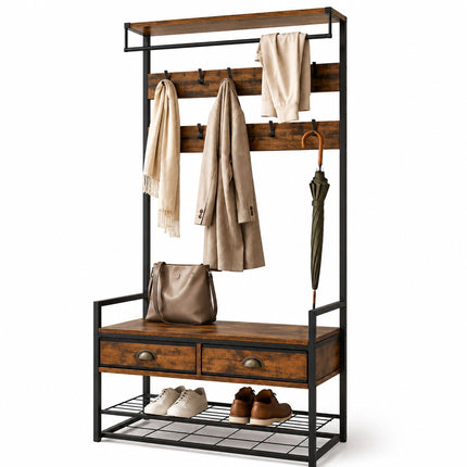 Brown Coat Rack with Hooks, Drawers, and Shoe Shelf