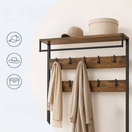 Brown Coat Rack with Hooks, Drawers, and Shoe Shelf