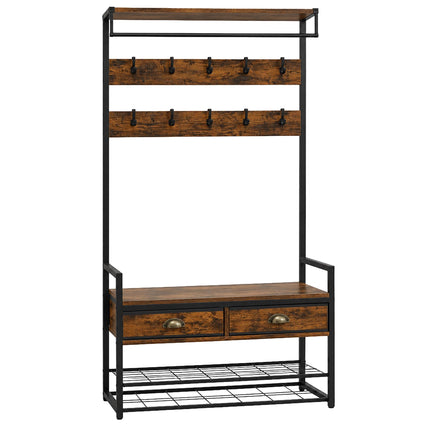 Brown Coat Rack with Hooks, Drawers, and Shoe Shelf