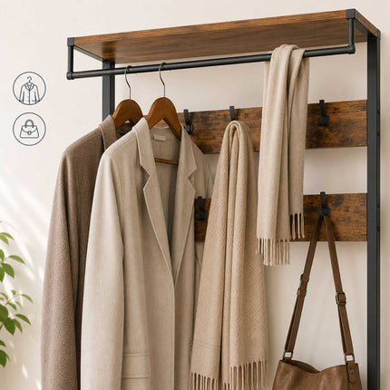Brown Coat Rack with Hooks, Drawers, and Shoe Shelf