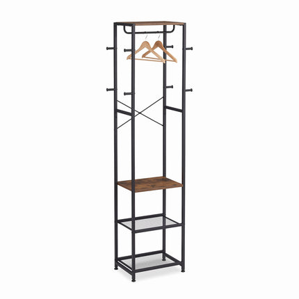 Brown Coat Rack with Hooks, Shelves & Rail